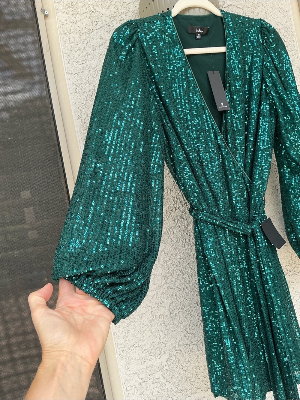 NWT Lulu’s Sparkly Darling Emerald Green Sequin Long Sleeve Wrap Mini Dress Chic - Picture 9 of 12